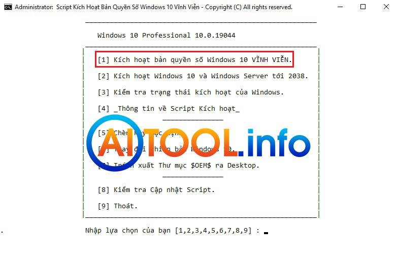 Nhấn phím 1 để kích hoạt Win 10