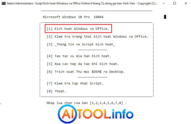 Nhấp phím 1 để kích hoạt Windows và Office